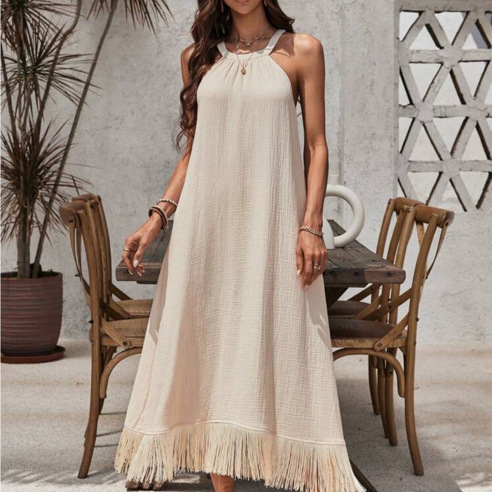 Elegant Cream Halter Maxi Dress